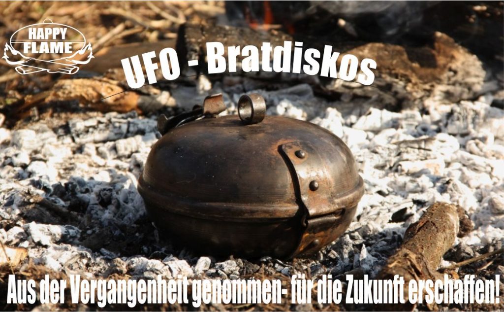 HAPPY FLAME UFO Bratdiskos - Fürs Kochen in der Freie entworfen, besteht aus zwei Edelstahl-HalbKugeln, die durch ein Scharnier und ein einfaches Verschlusssystem verbunden sind.